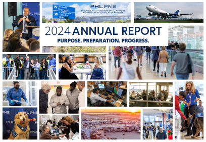 annual report cover. Collage of employees, events, and passengers walking