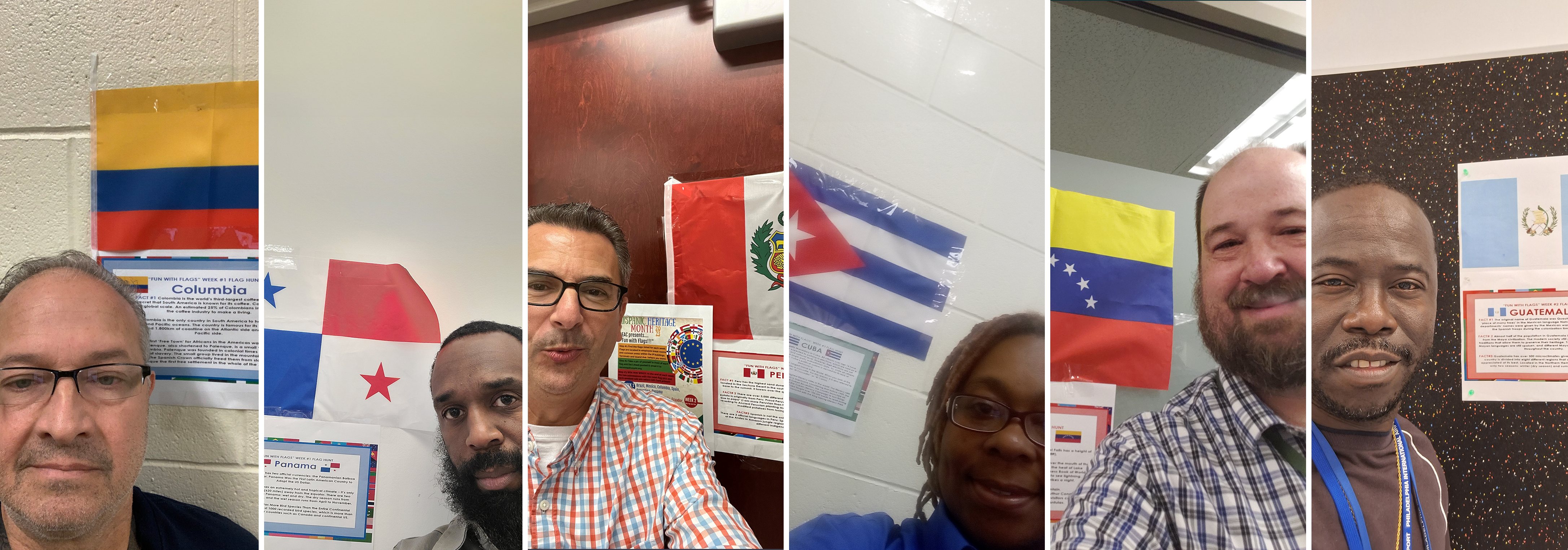 employees standing with different countries' flags