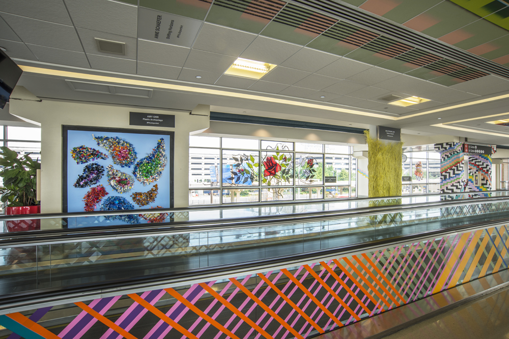 airport walkway and window decorated