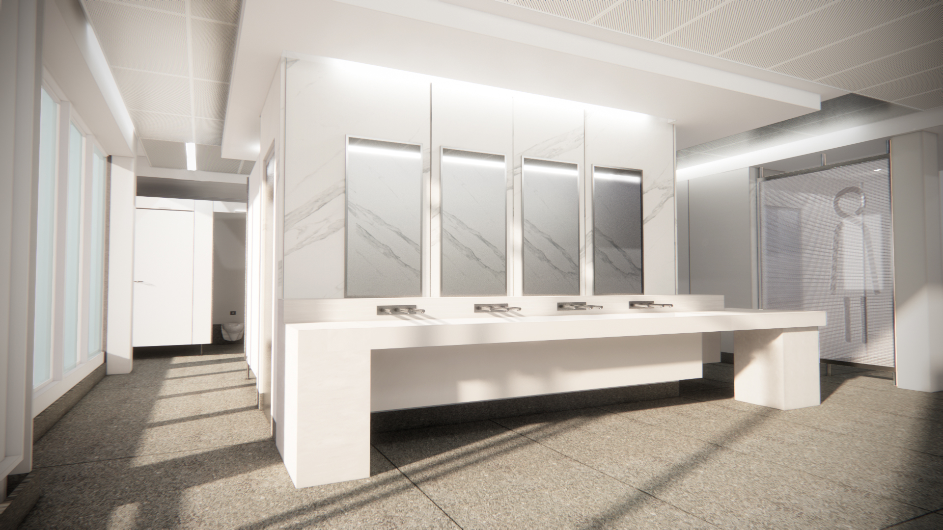 Rendering of Phase 5-9 Restroom Design white concept with 4 mirrors and sinks