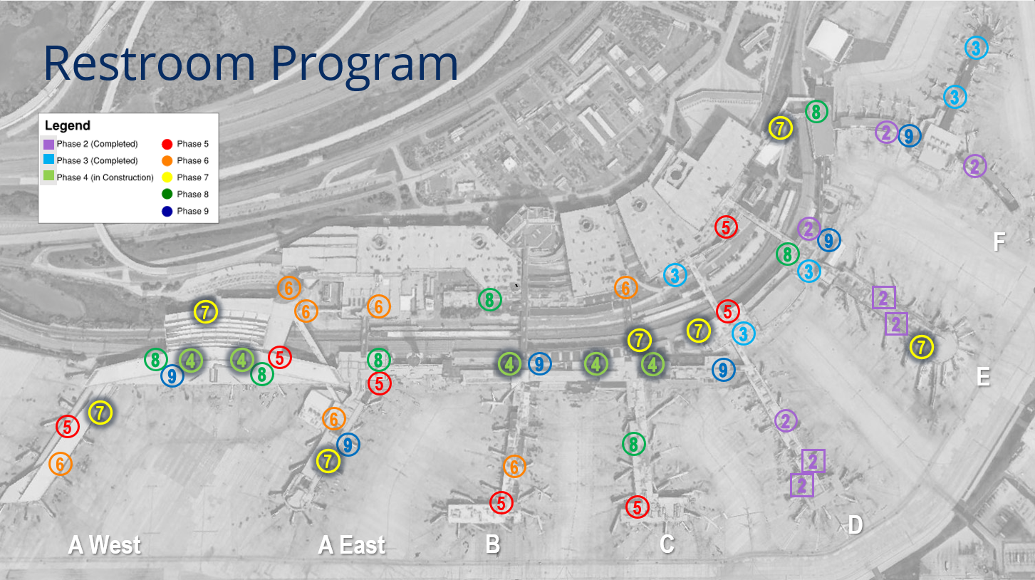 Map of PHL Terminal Showing Restroom Locations and Phase in which they will be renovated