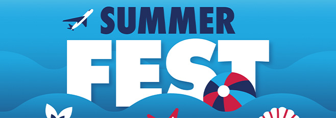 summerfest in white letters with ocean blue background