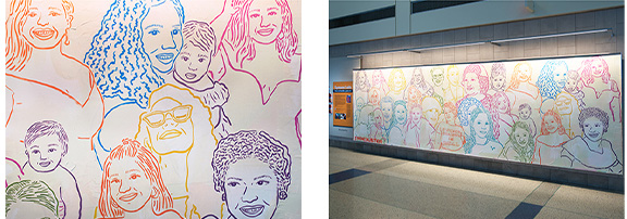 mural of line drawn colorful faces 