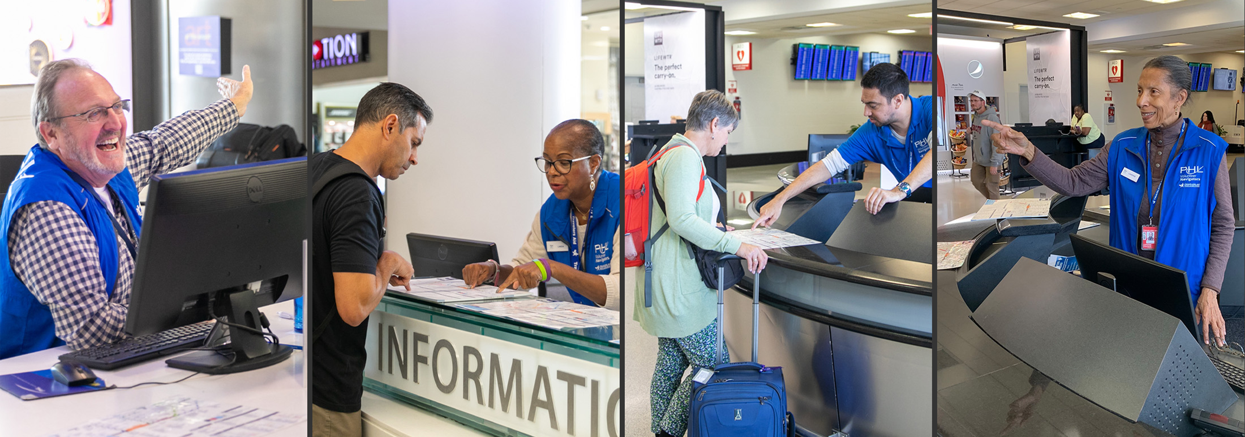 volunteers at information counters helping guests