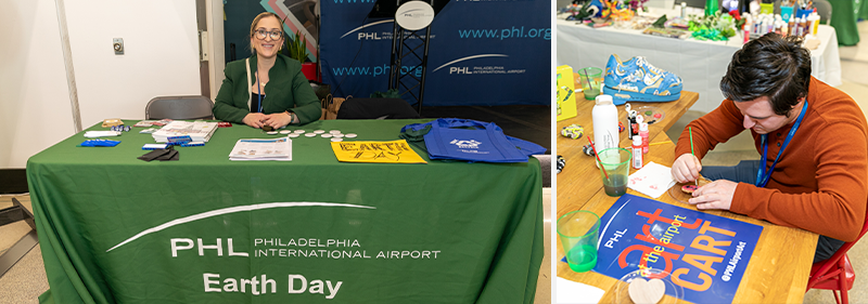 person at table giving away reusable bags and flyers