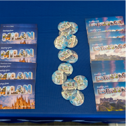 milan postcards and Edinburgh postcards and buttons