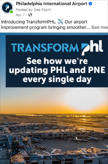 TransformPHL. See how we're updating PHL and PNE every single day. White in blue background. Sunset airfield underneath.