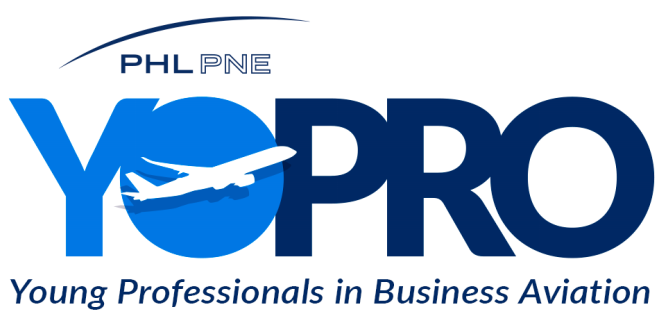 YOPRO in light blue and dark blue with pho/pne logo on top and Young Professionals in Business Aviation underneath