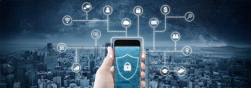 a hand holding a phone with security shield