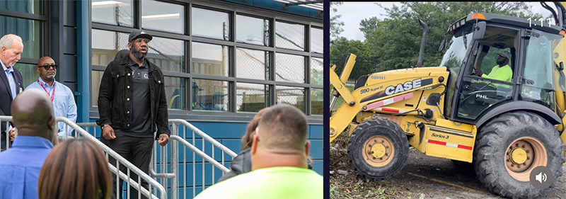 Ryan speaking to around (left) and operating a bulldozer