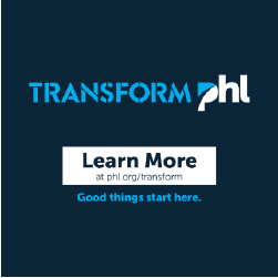 Dark blue bg cyan letters. Transform PHL Learn more at phl.org/transform