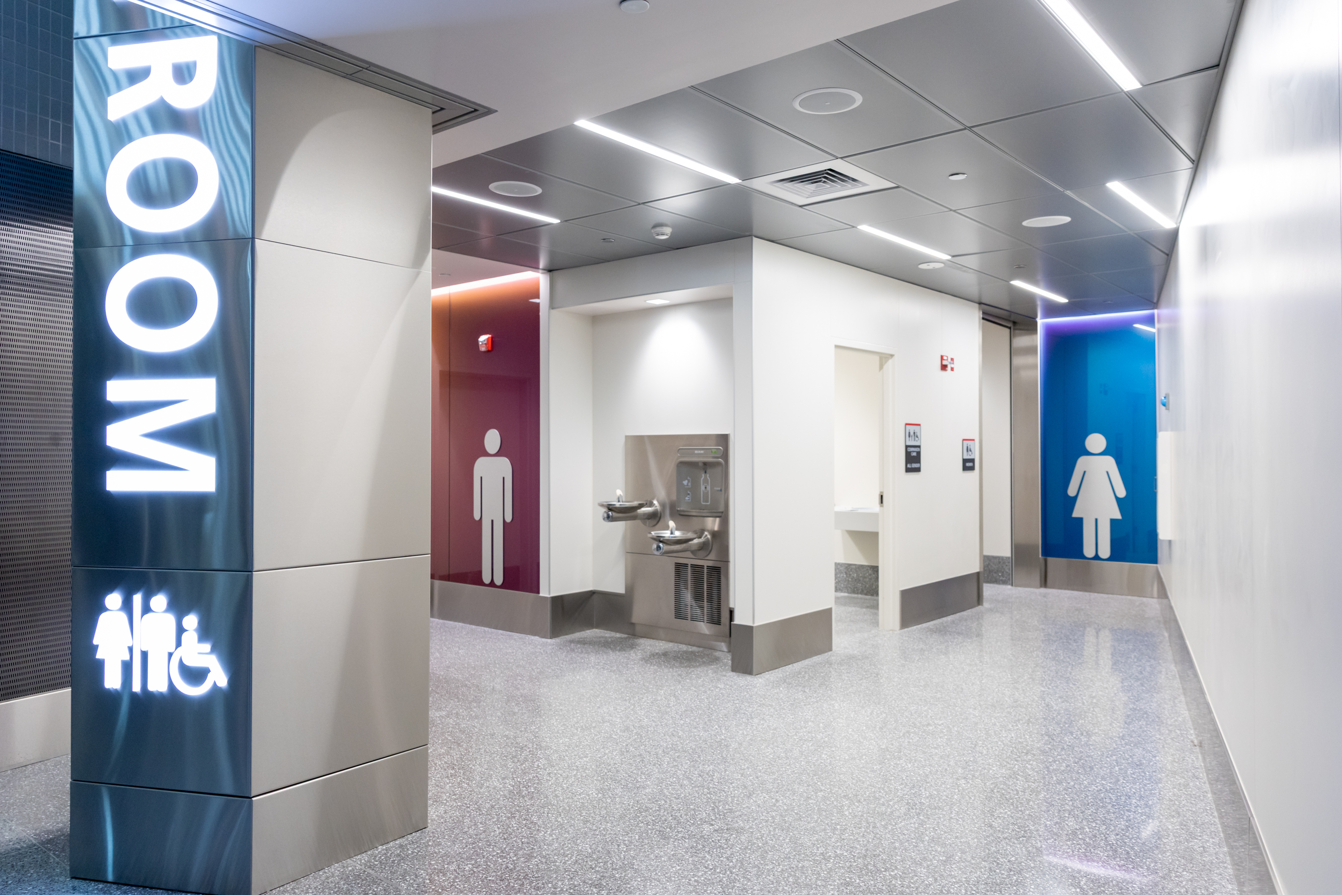 Refreshed bathroom exterior in Terminal A-West.  