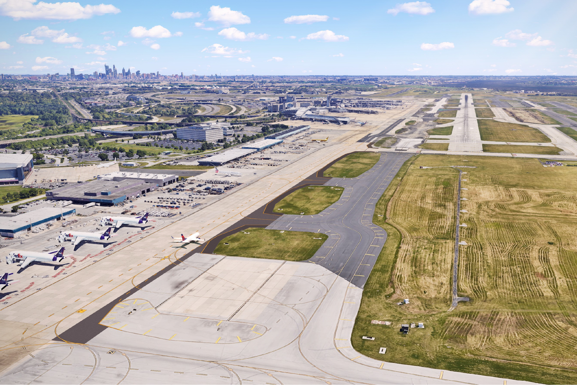 Runway 9R–27 and taxiway.
